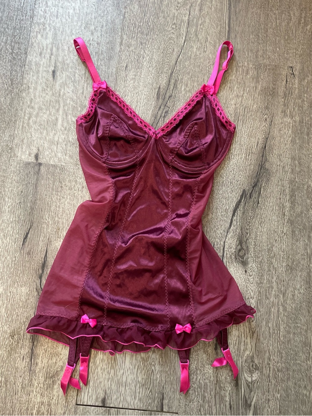 Vintage Y2K Victoria's Secret burgundy corset top with pink bows size 36C